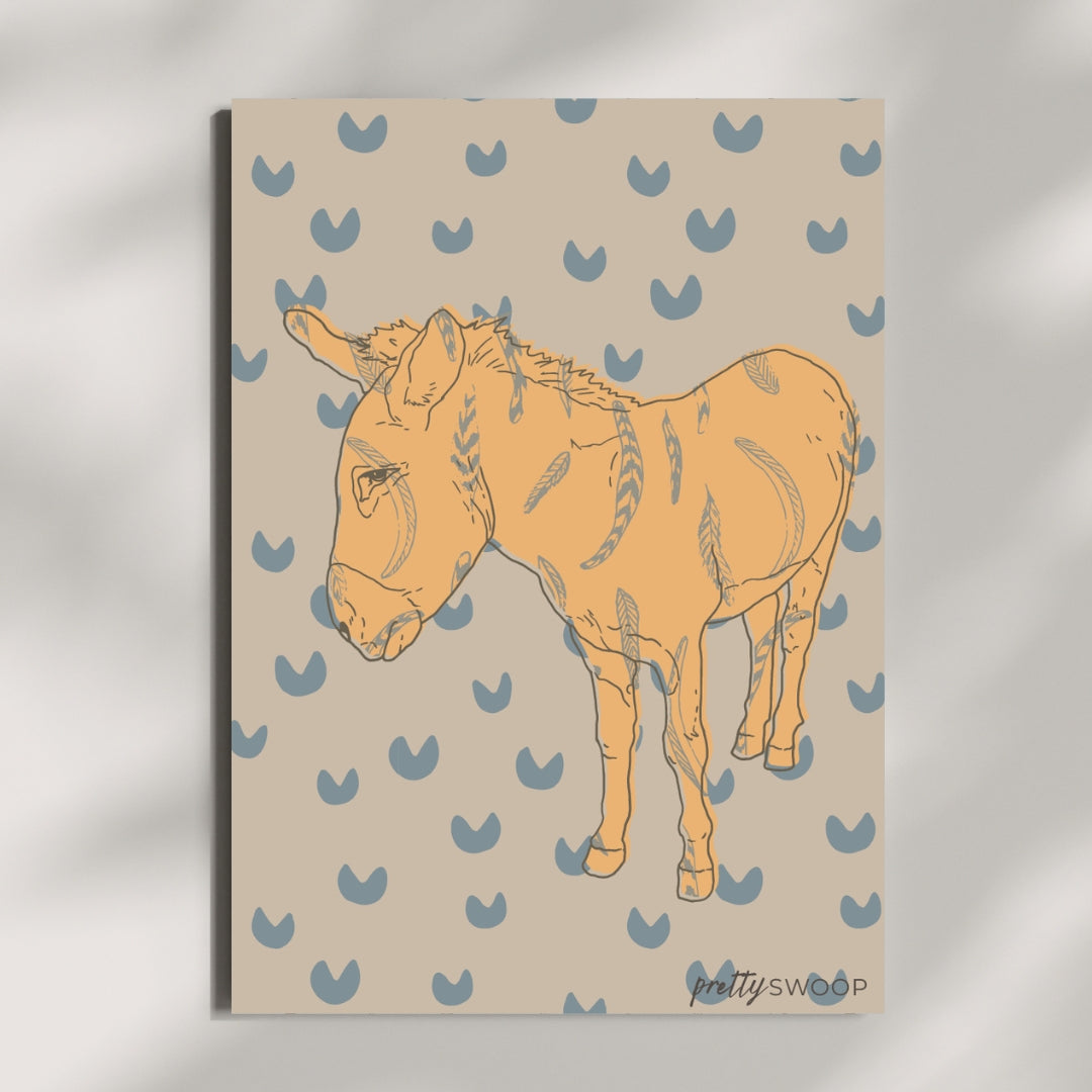 Art print with a donkey illustration on a beige background with blue donkey track patterns.
